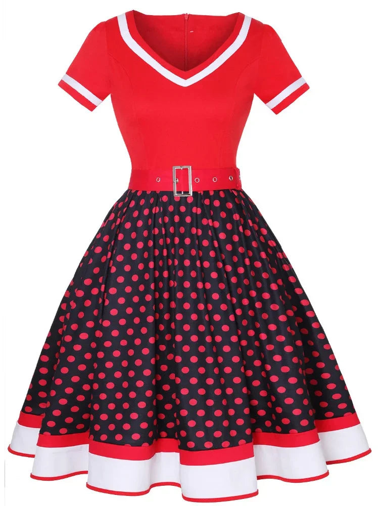 Vintage 50s 60s Mummy Vintage Party Dress With Belt Polka Dot Print Short Sleeve Hepburn Robe Pin Up Rockabilly Dresses