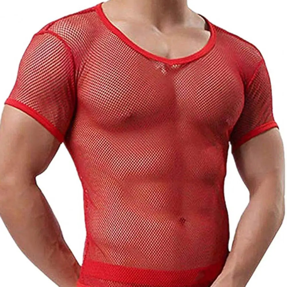 Men Mesh T Shirt Transparent Sexy Men See Through Fashion T-shirt Men Slim Fit Shiny Sexy T Shirt Party Nightclub Blouse Tops