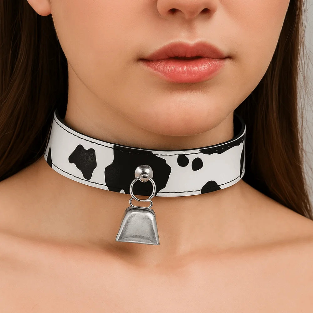 Cow Print Leather Choker Adjustable Bell Collar