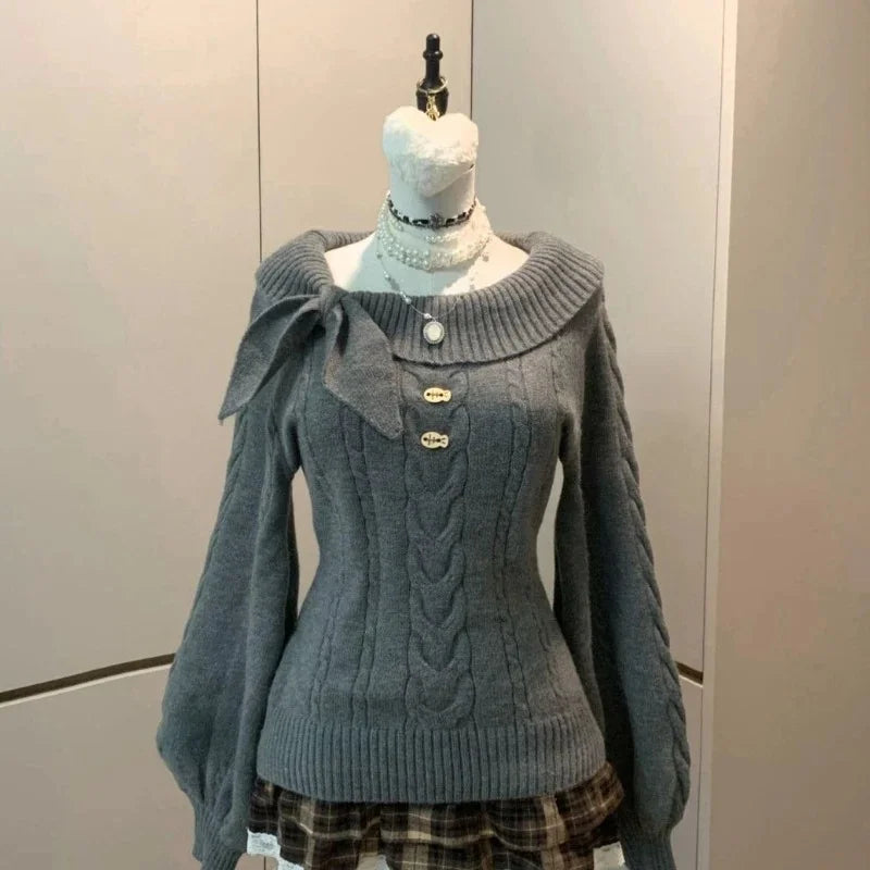 Sweet Hot Bow Off-Shoulder Sweater Elegant Fashion Knitted Tops