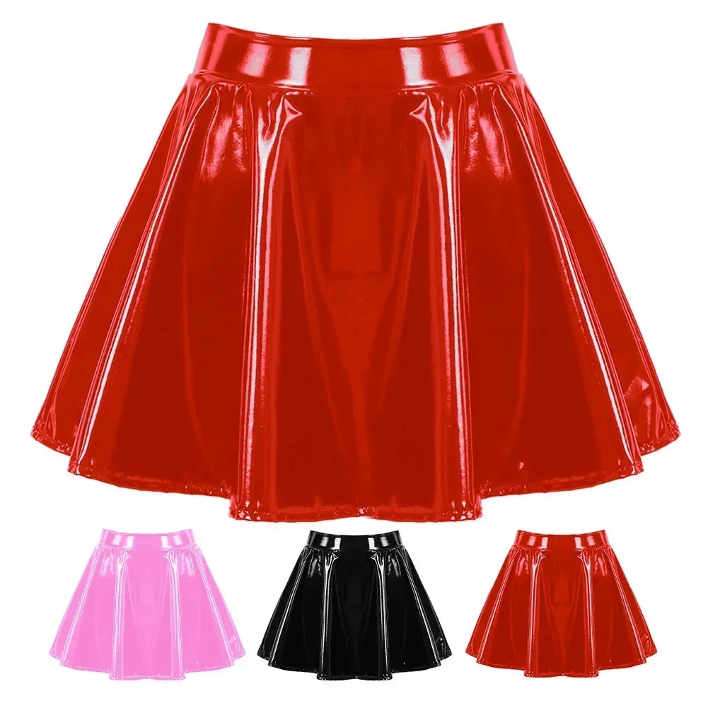 Glossy Short Pleated Skirts Patent Leather Miniskirt
