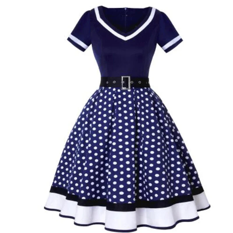 Vintage 50s 60s Mummy Vintage Party Dress With Belt Polka Dot Print Short Sleeve Hepburn Robe Pin Up Rockabilly Dresses