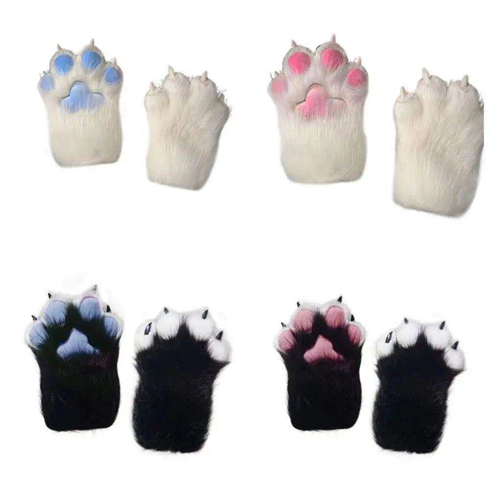 Set of paw-shaped gloves in various colors on a white background