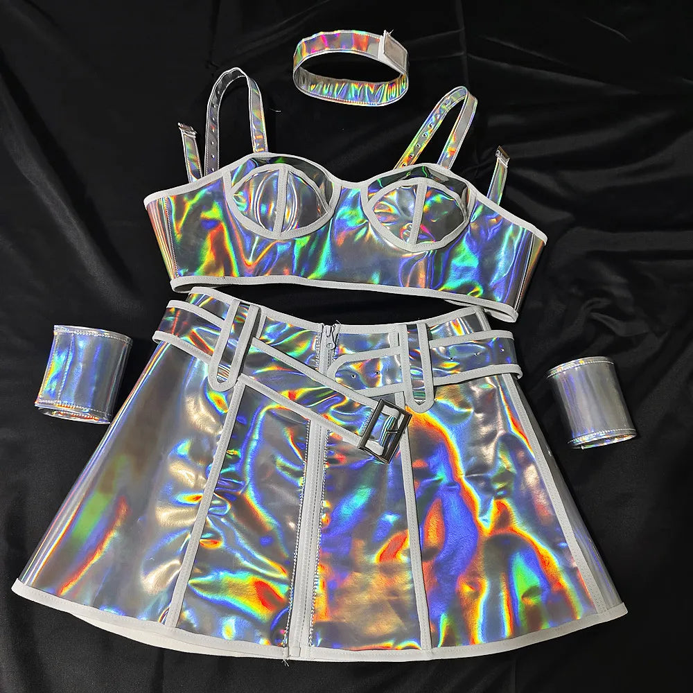 Holographic outfit with bra, skirt, and accessories on a black background