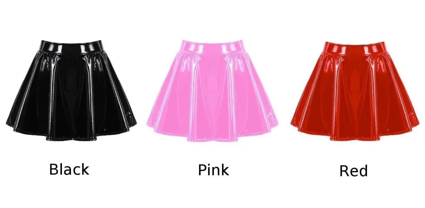 Glossy Short Pleated Skirts Patent Leather Miniskirt