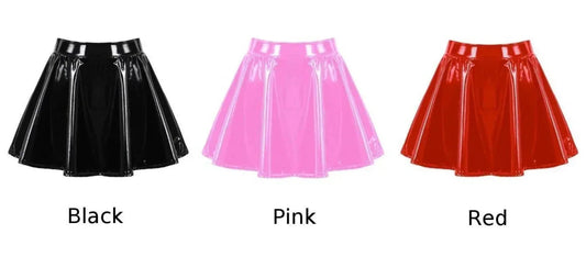 Three skater skirts in black, pink, and red on a white background with color labels.