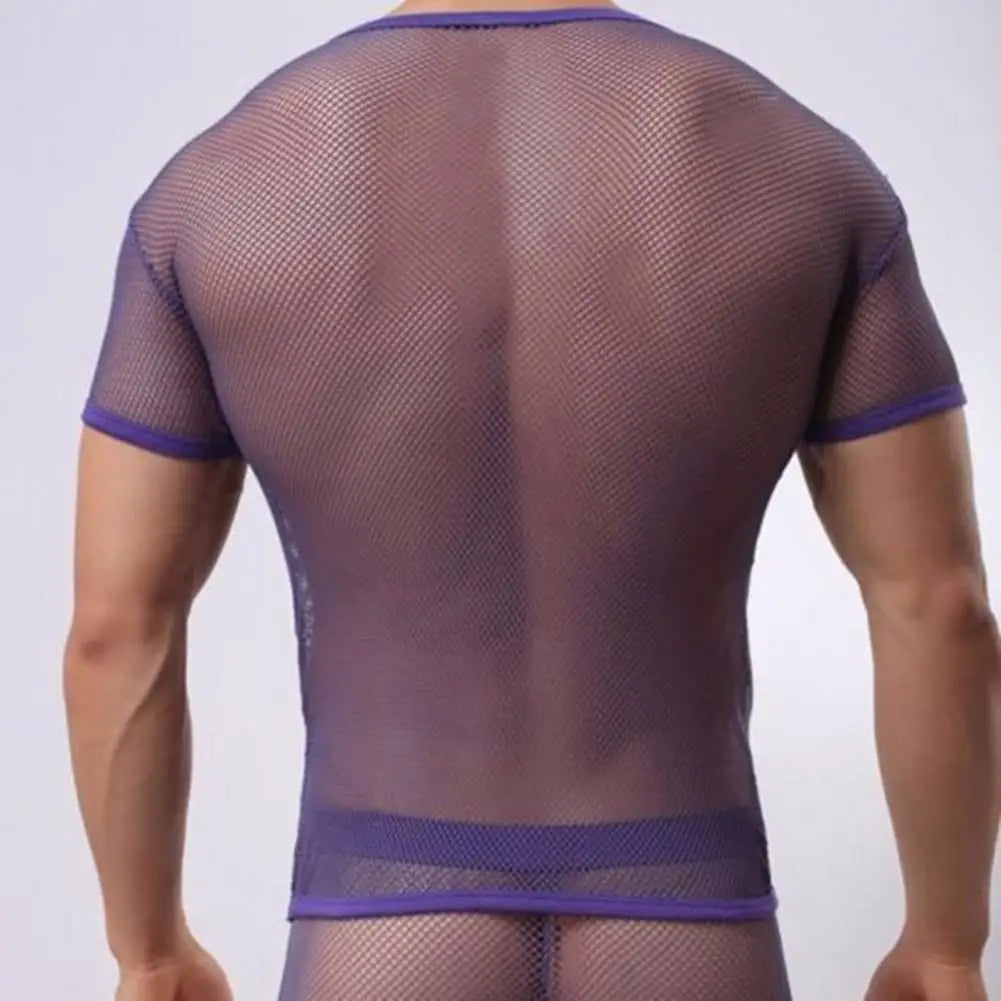 Men Mesh T Shirt Transparent Sexy Men See Through Fashion T-shirt Men Slim Fit Shiny Sexy T Shirt Party Nightclub Blouse Tops