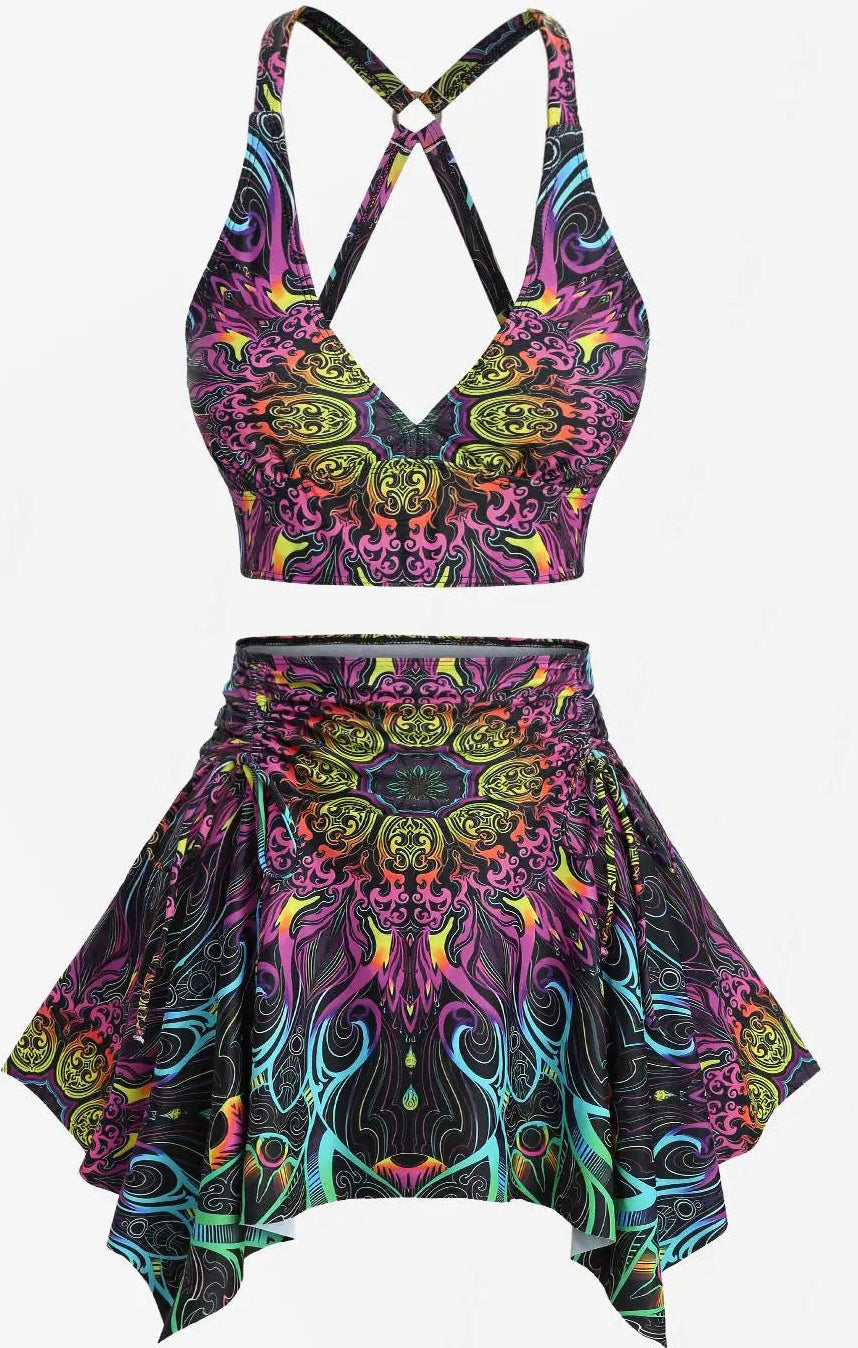 Plus Size Tankini Swimsuit Two Pieces Floral Pattern Printed