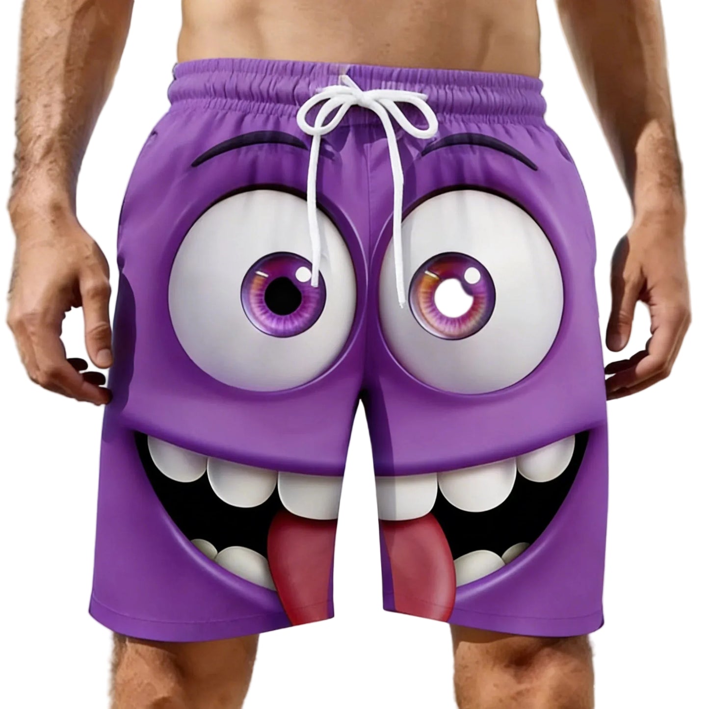 Purple beach shorts with cartoonish face design on a beach background