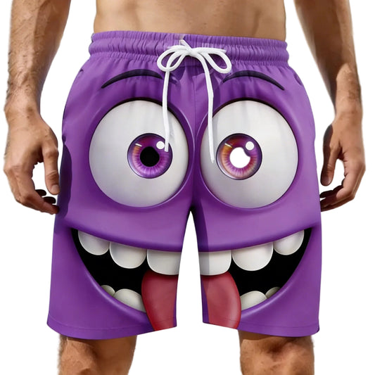 Purple beach shorts with cartoonish face design on a beach background