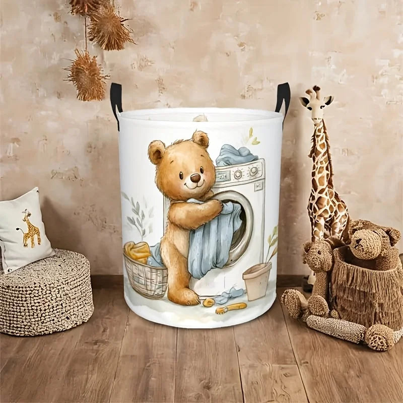 Whimsical Beige Bear Laundry Hamper Small or Medium with Handles