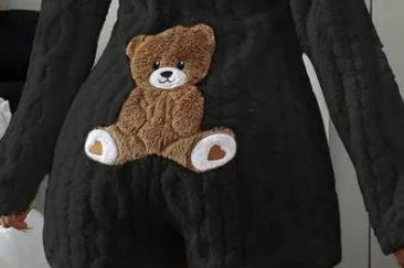 Cute Plush Bear Embroidery Coral Unisex Loose Hooded Long Sleeve Sleepwear