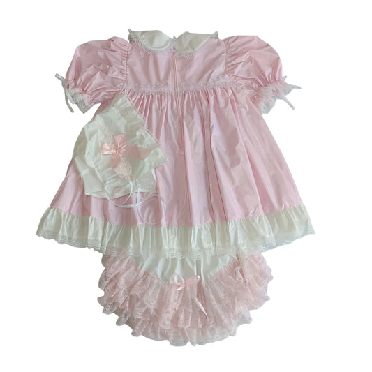 Pink PVC Dress with Matching Bonnet and Bloomers Set