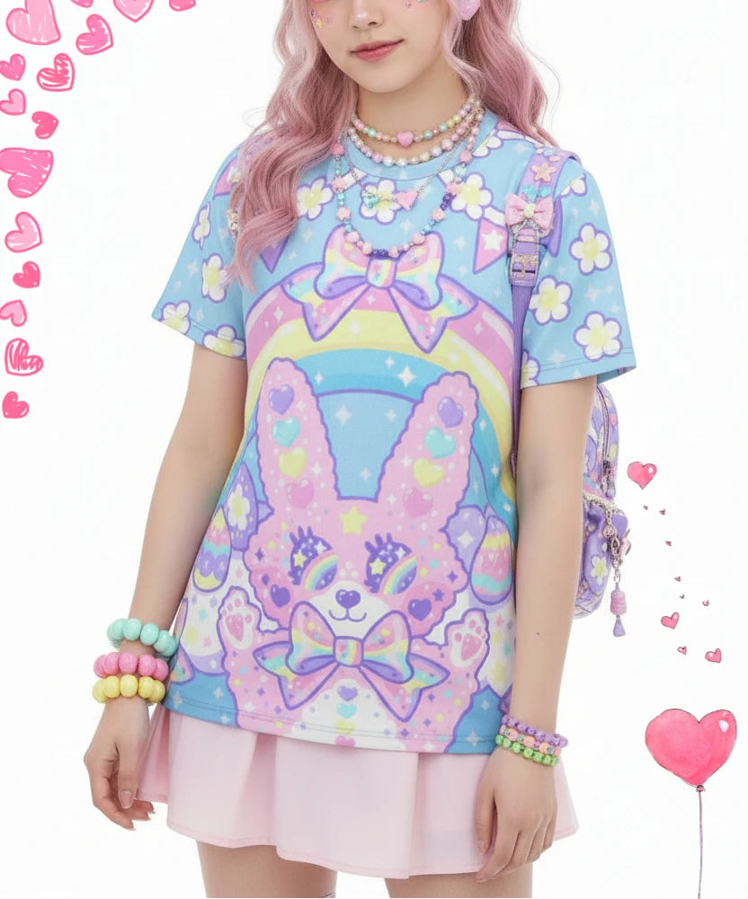 New Dreamy Macaron Sweet Printed Short Sleeve T-shirt Loose Large Size T-shirt