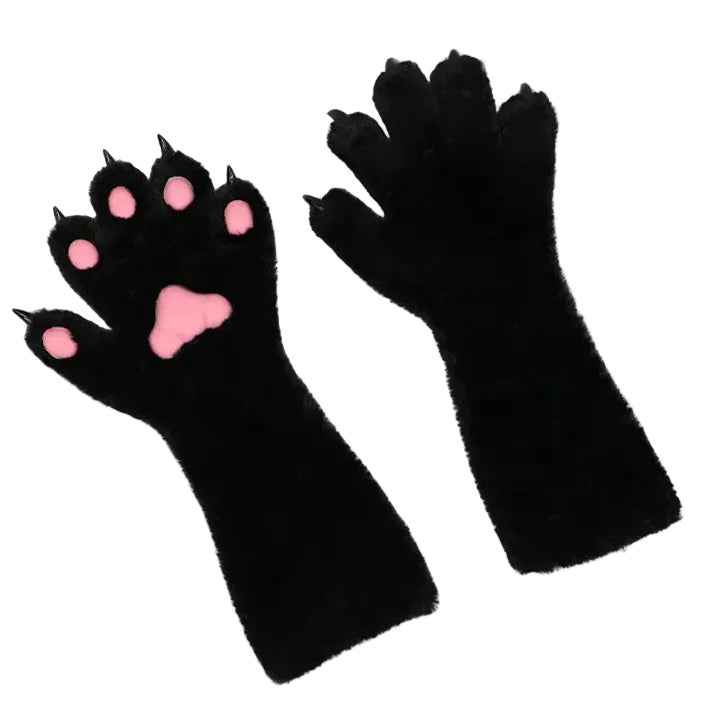 Black paw-shaped gloves with pink accents on a light gray background