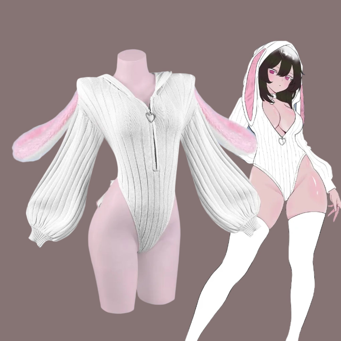 KORURACLUB Gray Knitted Or Pink Bunny Girl Long-sleeved Jumpsuit Sweater