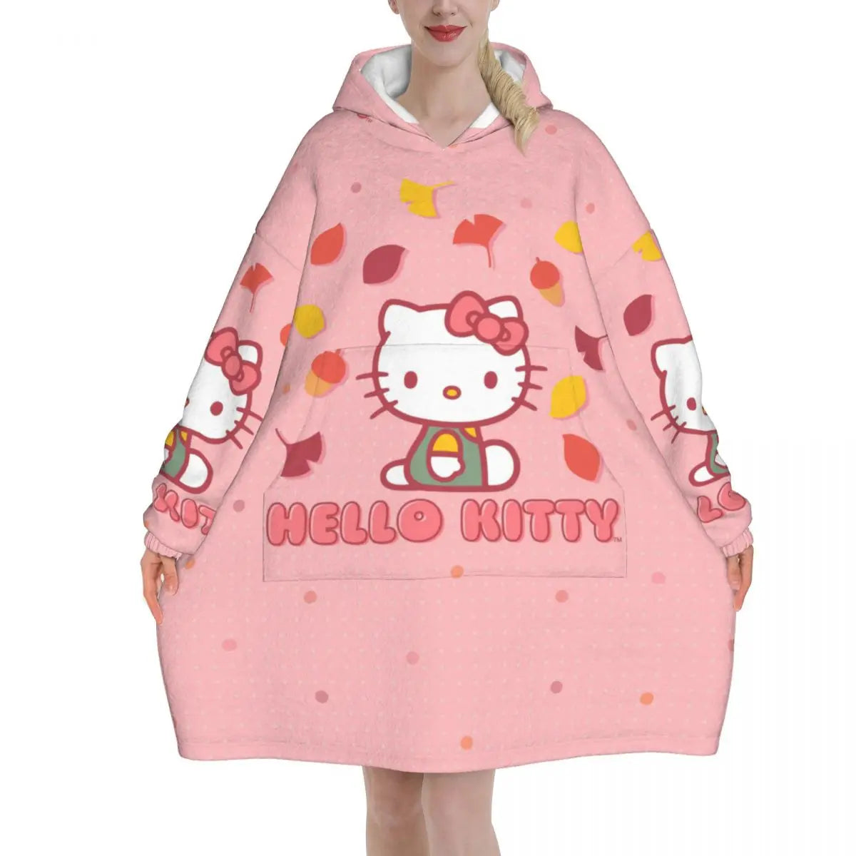 Hello Kitty Cartoon Blanket Hoodie Wearable Blanket Large with Pocket Warm Sleeping Bag Soft Cozy Onesie