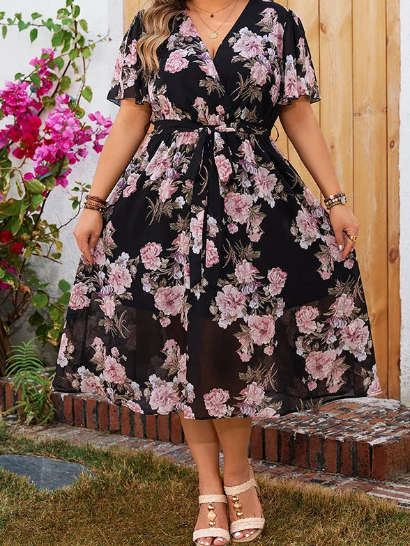 GIBSIE Plus Size Surplice Neck Butterfly Sleeve Belted Dress