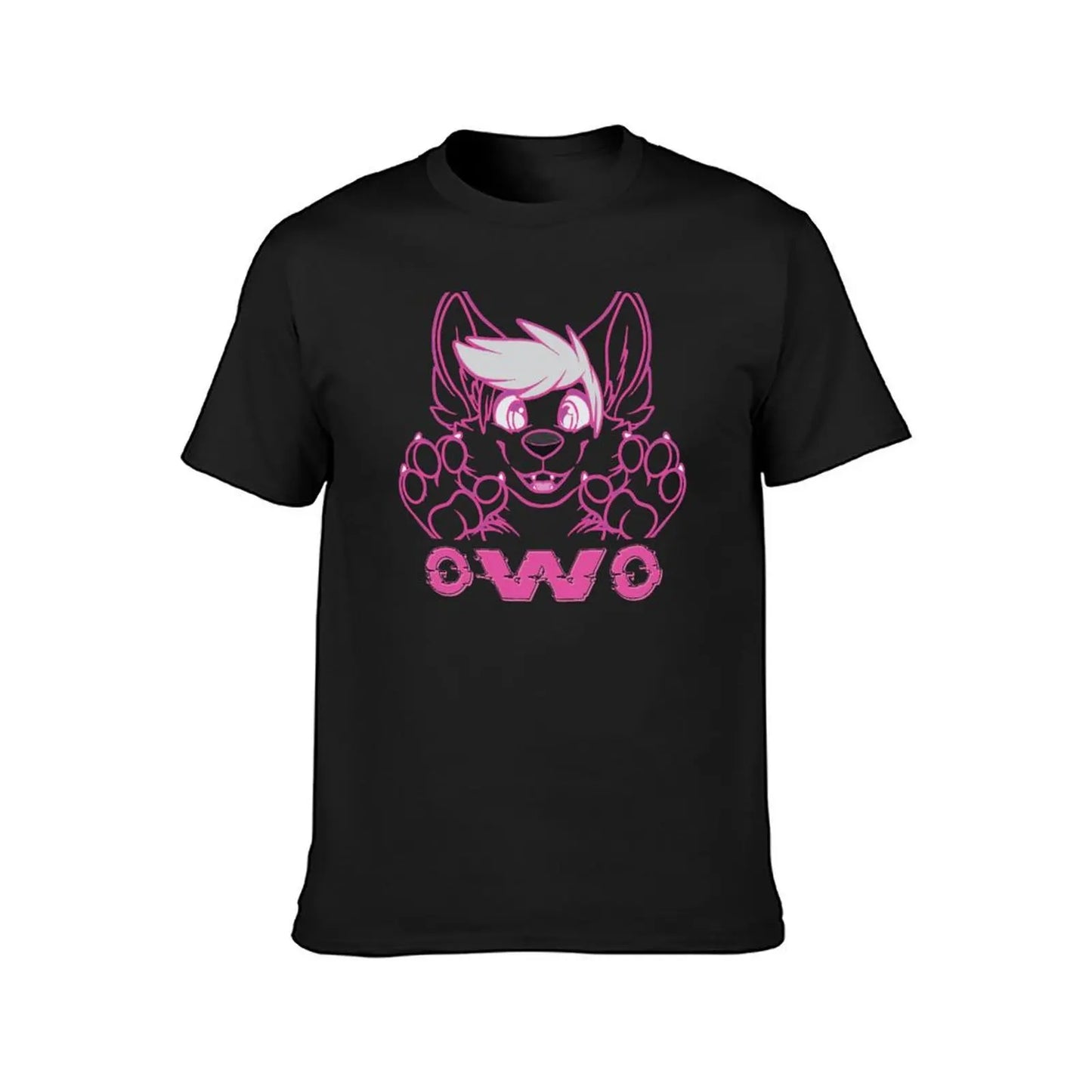 Black t-shirt with pink graphic design and 'OWO' text on a white background
