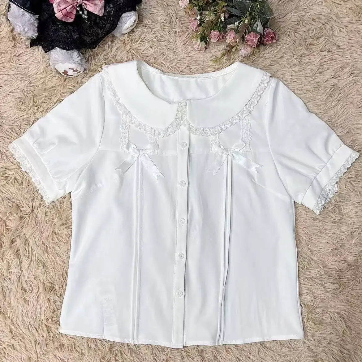 Japanese Cute  Blouses Unisex Kawaii All-match Peter Pan Collar Summer Shirt Tops Sweet Puff Sleeve Chic Blouse