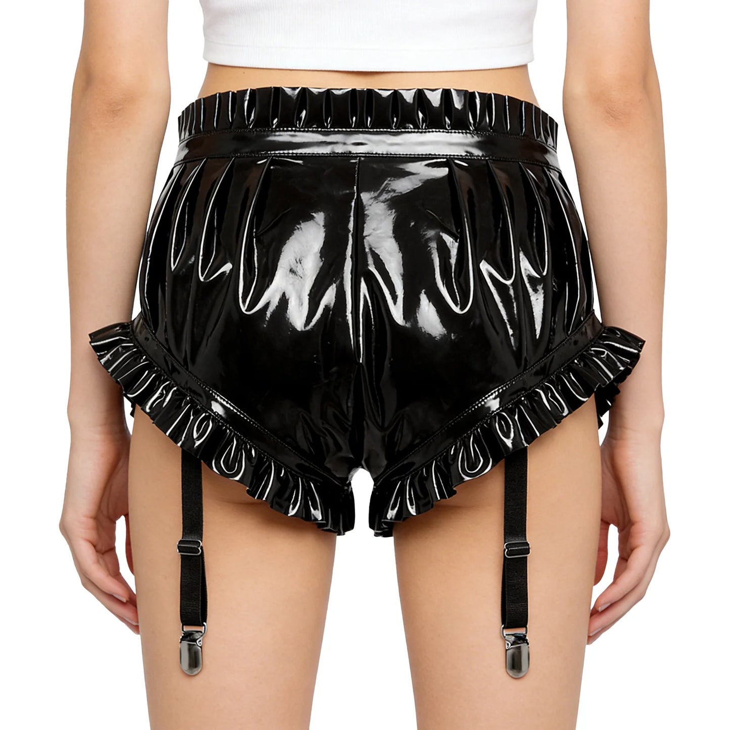 Unisex Wet Look Lingerie Latex Shorts Patent Leather Ruffle Trim with Garter Clips