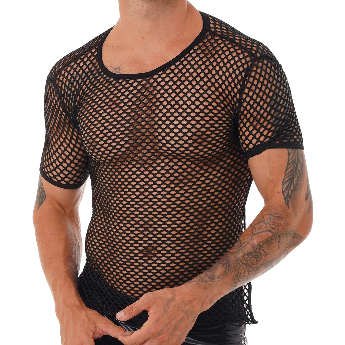 Mens T-shirt Tops Hollow Out Short Sleeve See Through Fishnet Mesh T-shirts Round Neck Crisscross Back Performance Club Wear
