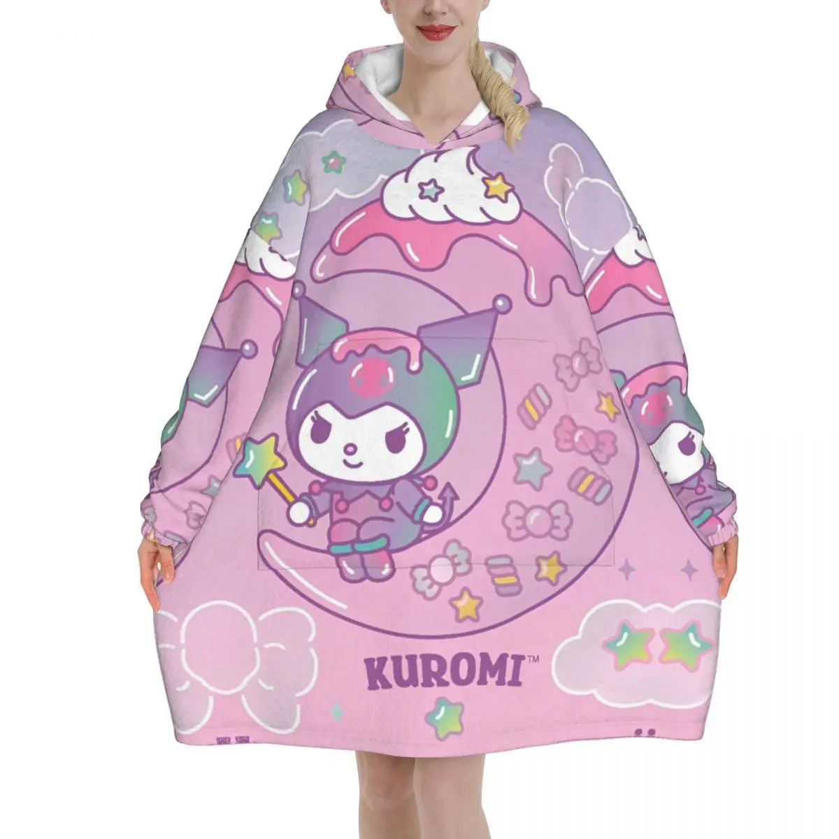 My Melody And Kuromi Blanket Hoodie Wearable Cute Cartoon Blanket Large with Pocket Warm Onesie
