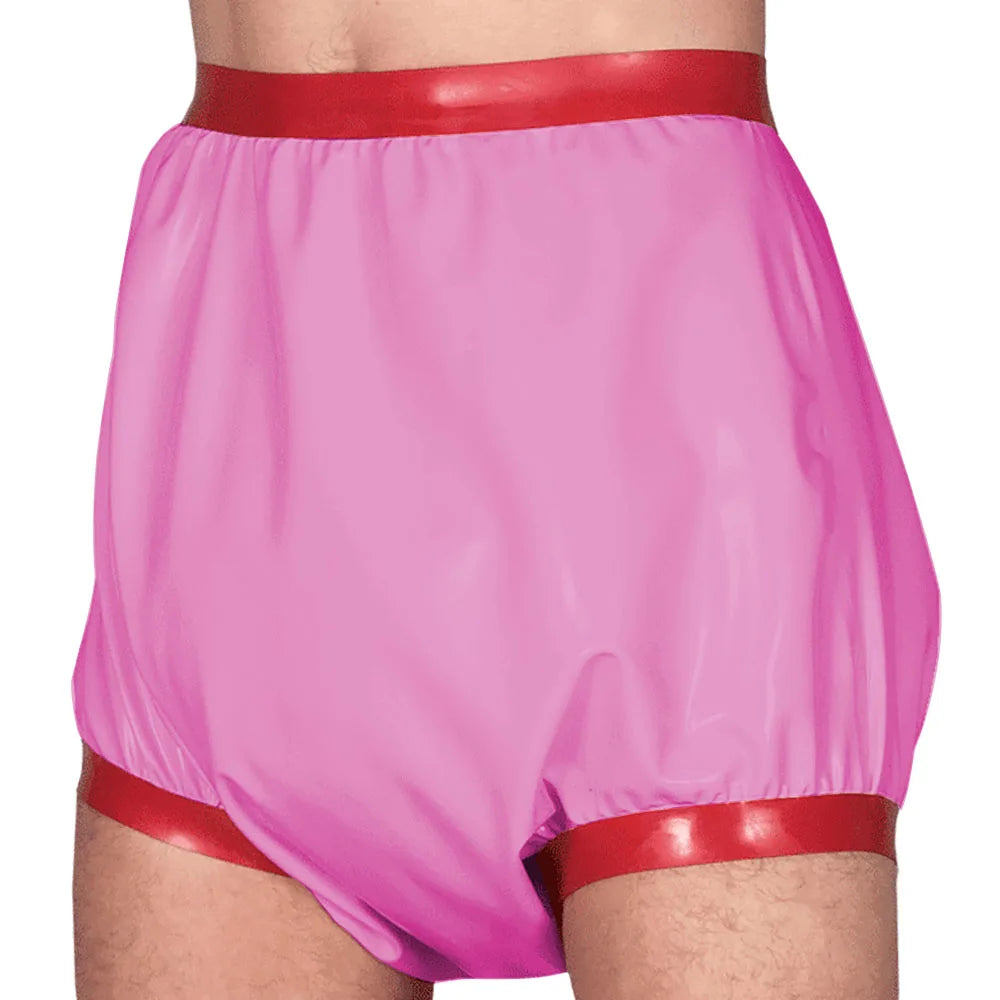 Adult Baby High Waisted Diaper Pants Wet look PVC Leather Patchwork Wide Thigh Shorts