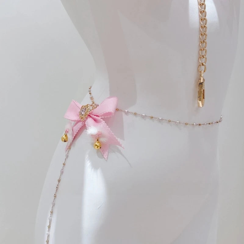 Pink Bow Nipple Clips Heart-Shaped Gemstone Collar Leash Set with Body Chain