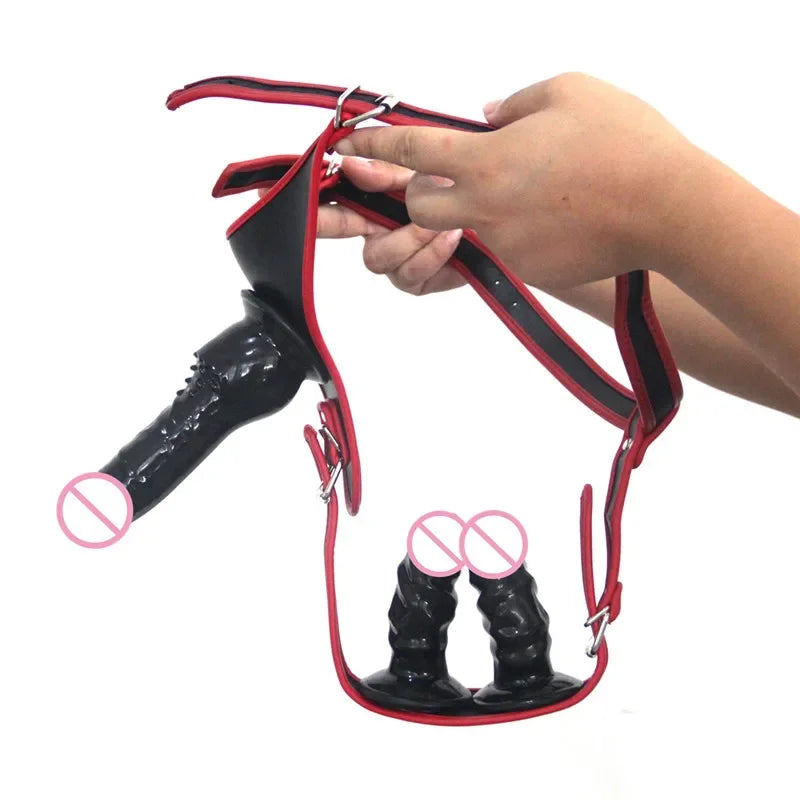 Adjustable Leather Strap On Harness with Realistic Suction Cup Dildo