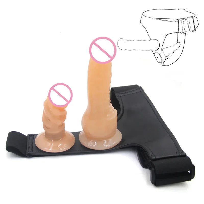 Adjustable Leather Strap On Harness with Realistic Suction Cup Dildo