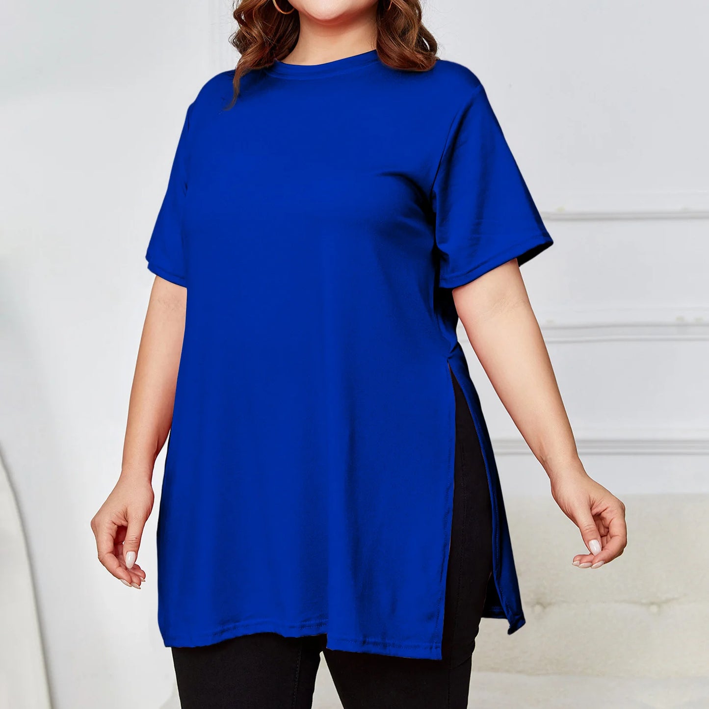 Plus Size Mid-length Slit T-shirt Solid Color Round Neck Short Sleeve