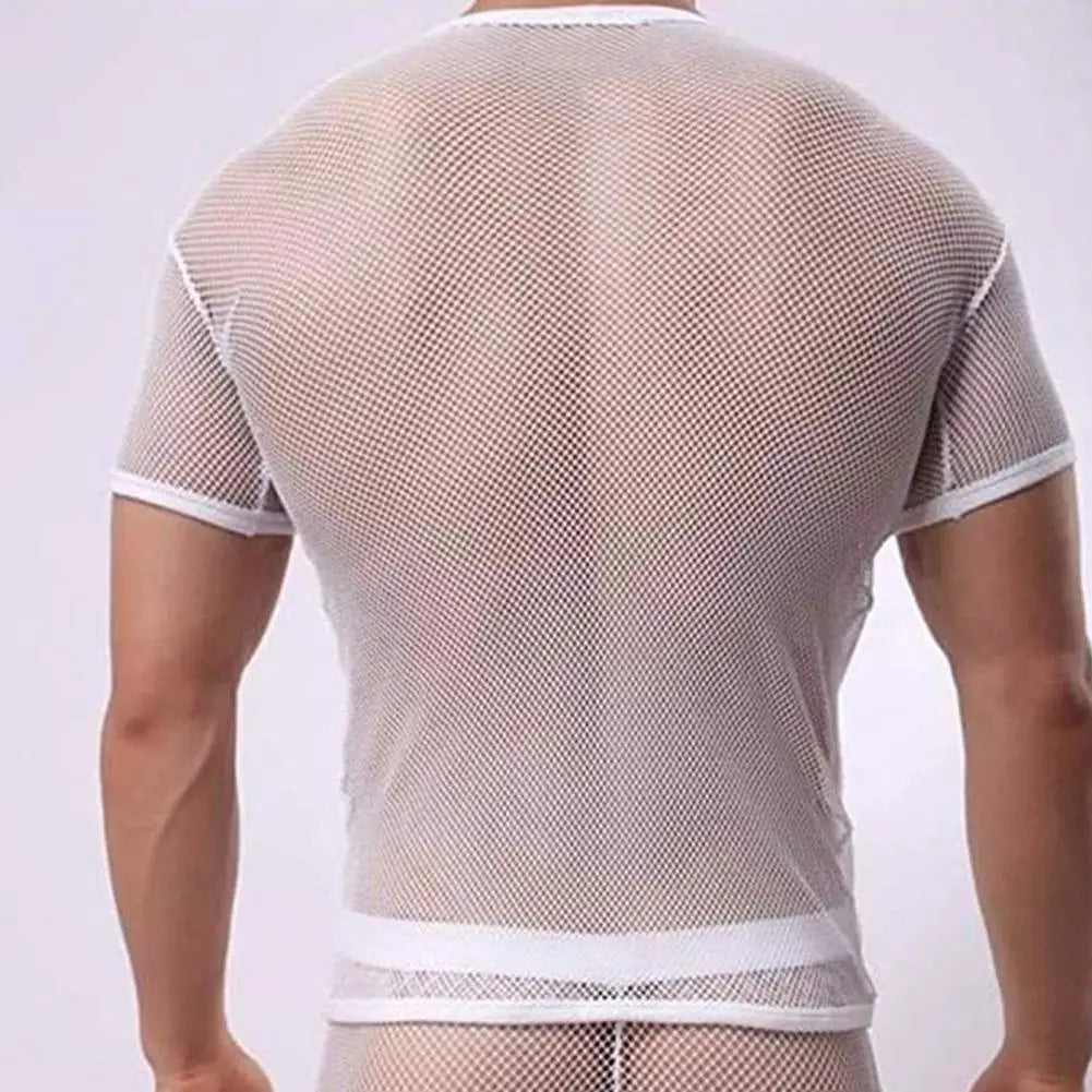 Men Mesh T Shirt Transparent Sexy Men See Through Fashion T-shirt Men Slim Fit Shiny Sexy T Shirt Party Nightclub Blouse Tops