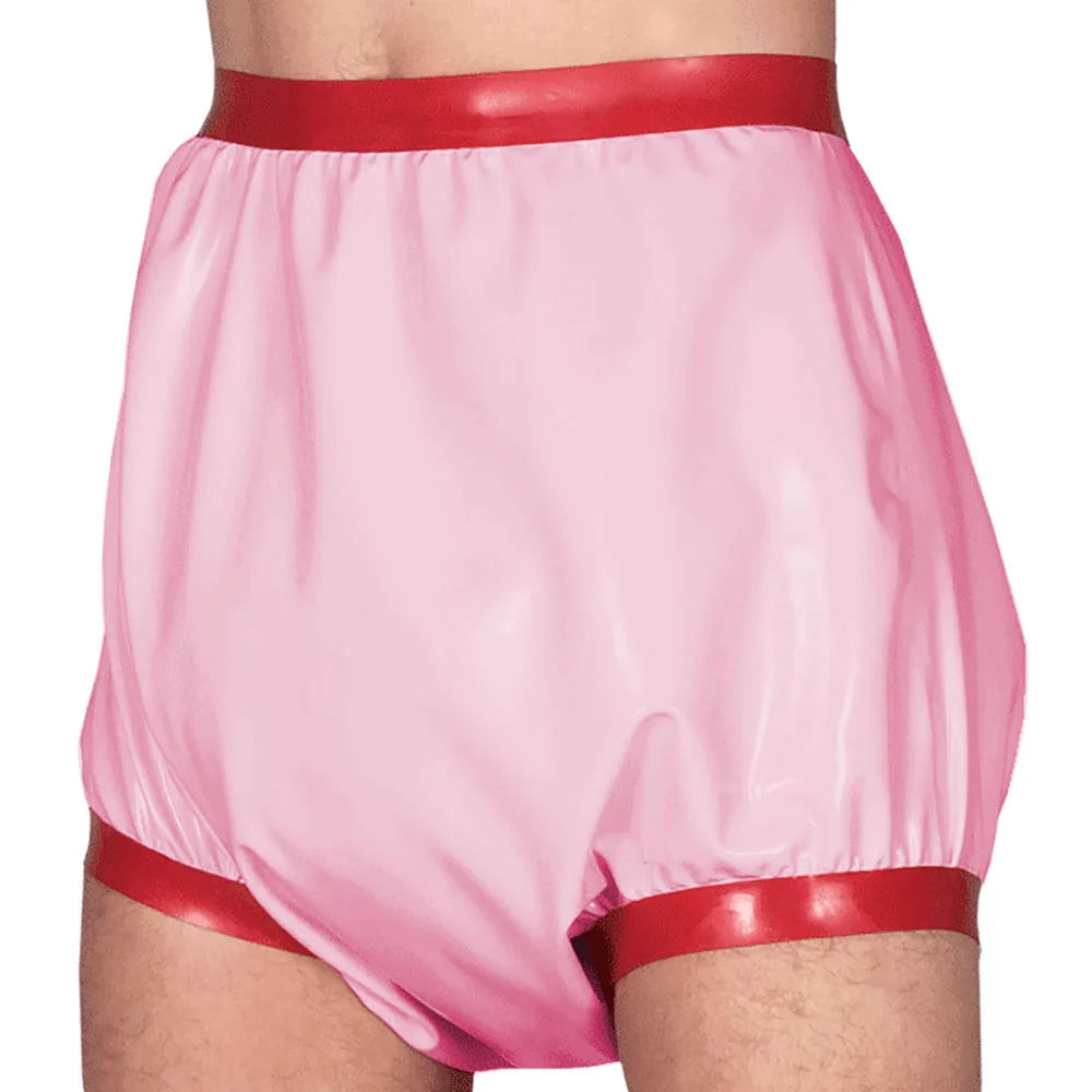 Adult Baby High Waisted Diaper Pants Wet look PVC Leather Patchwork Wide Thigh Shorts