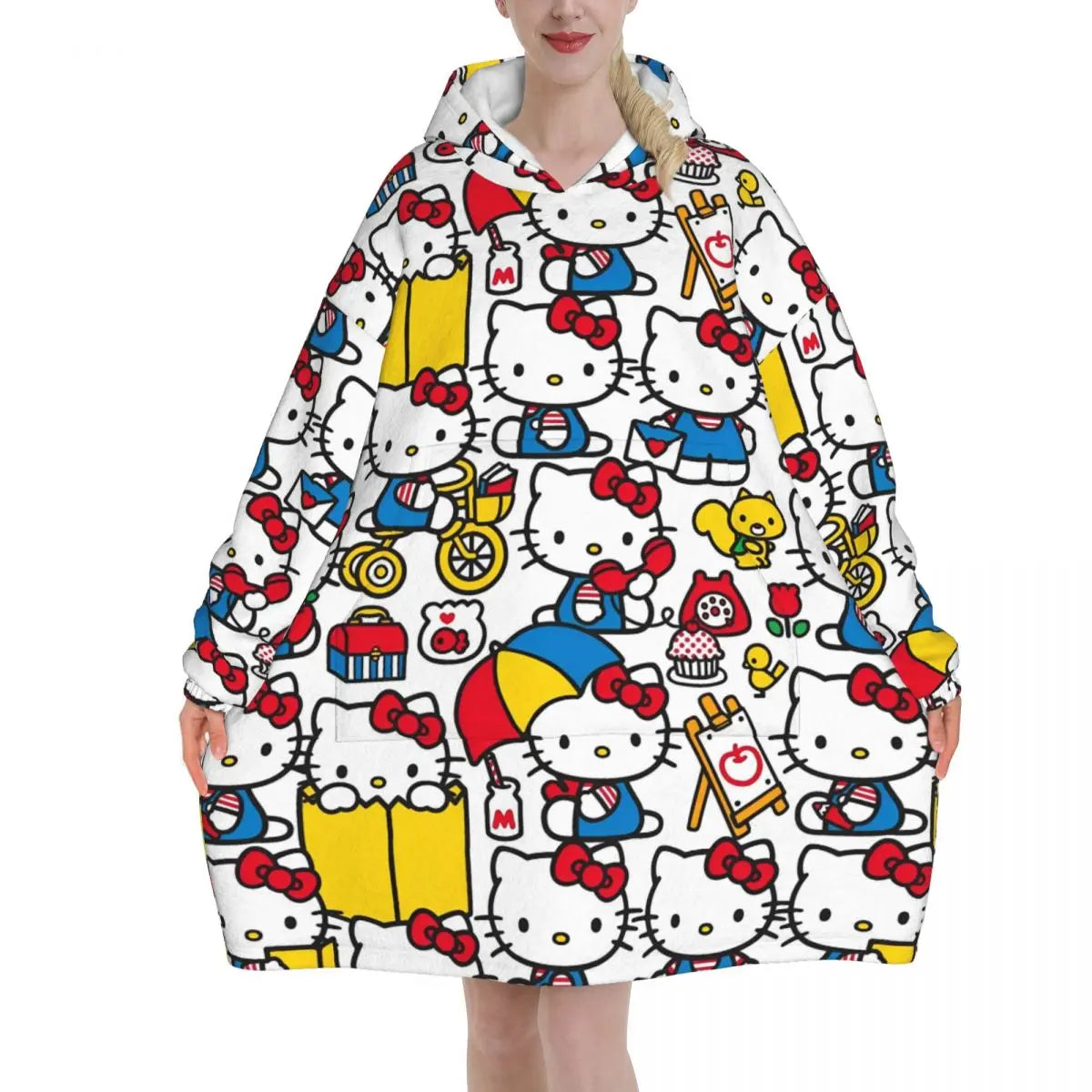 Hello Kitty Cartoon Blanket Hoodie Wearable Blanket Large with Pocket Warm Sleeping Bag Soft Cozy Onesie