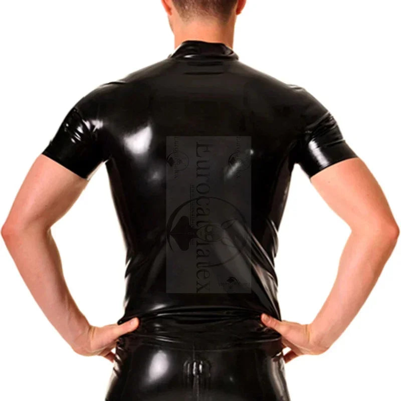 Black Mens Latex Shirt With Zipper At Front Short Sleeves Turn Down Collar