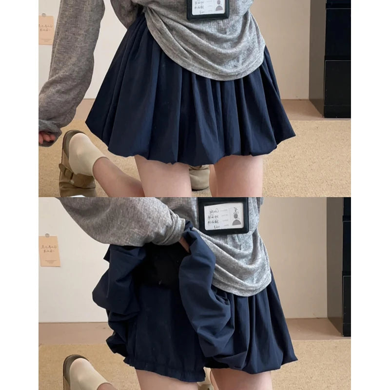 Women's Mini Skirt High Waist A-Line Skirt with Built-in Shorts for Petite, Pleated Puff Hem