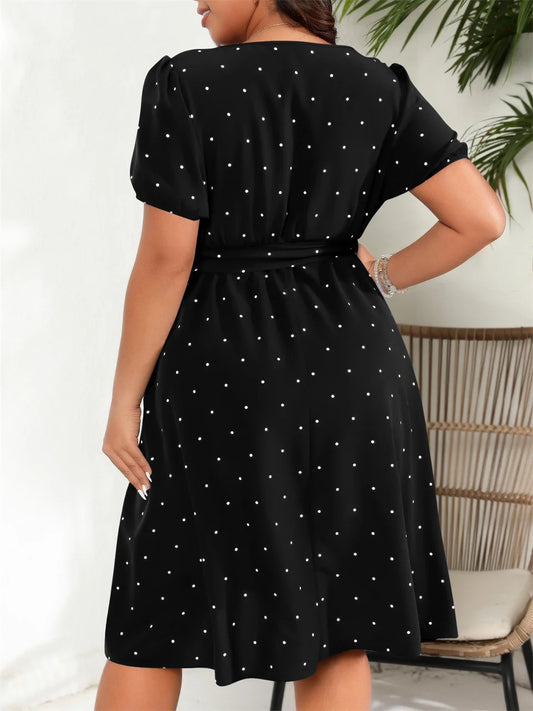 Plus Size Square Neck Polka Dot Belted Dress High Waist Summer A-line Big Swing Dresses