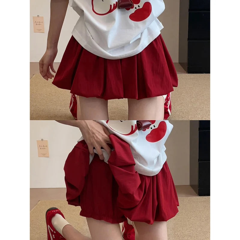 Women's Mini Skirt High Waist A-Line Skirt with Built-in Shorts for Petite, Pleated Puff Hem