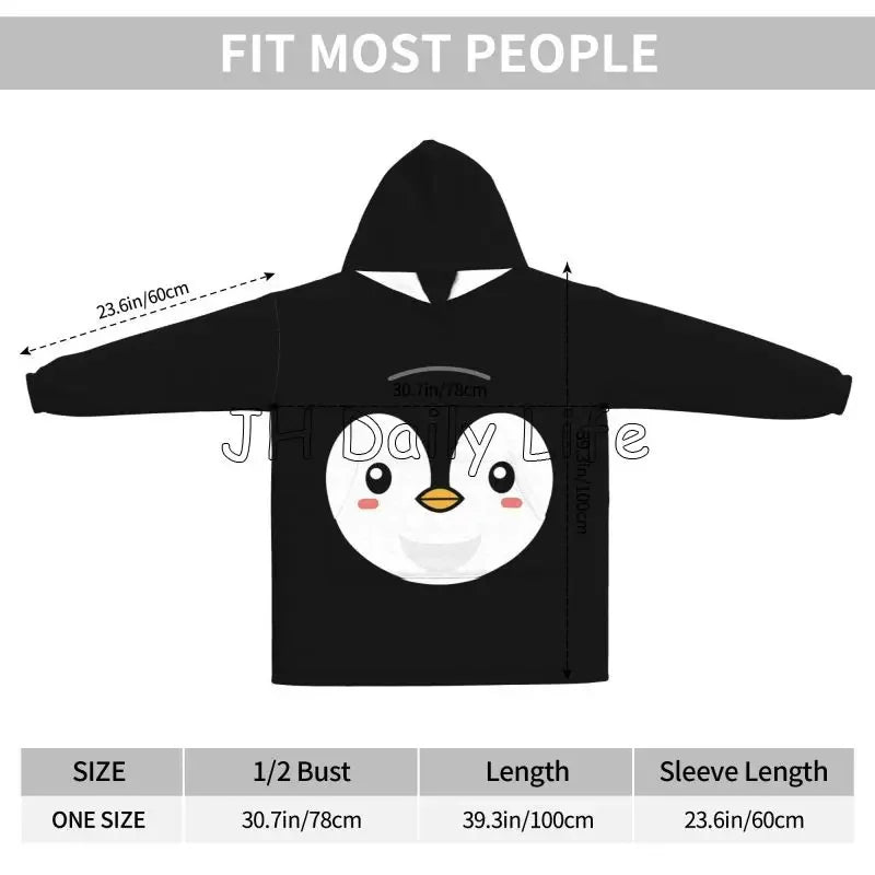 Penguin Wearable Flannel Blanket Hoodie Oversized Hooded Blanket Soft Pullover Sweatshirt Fleece Sherpa Blankets with Pockets