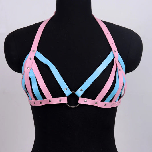Edgy Punk Pink & Blue Color Block Faux Leather Cross Harness