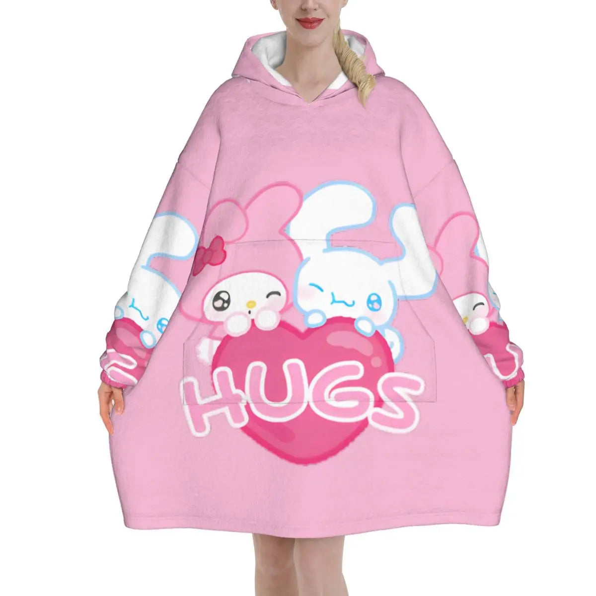 My Melody And Kuromi Blanket Hoodie Wearable Cute Cartoon Blanket Large with Pocket Warm Onesie
