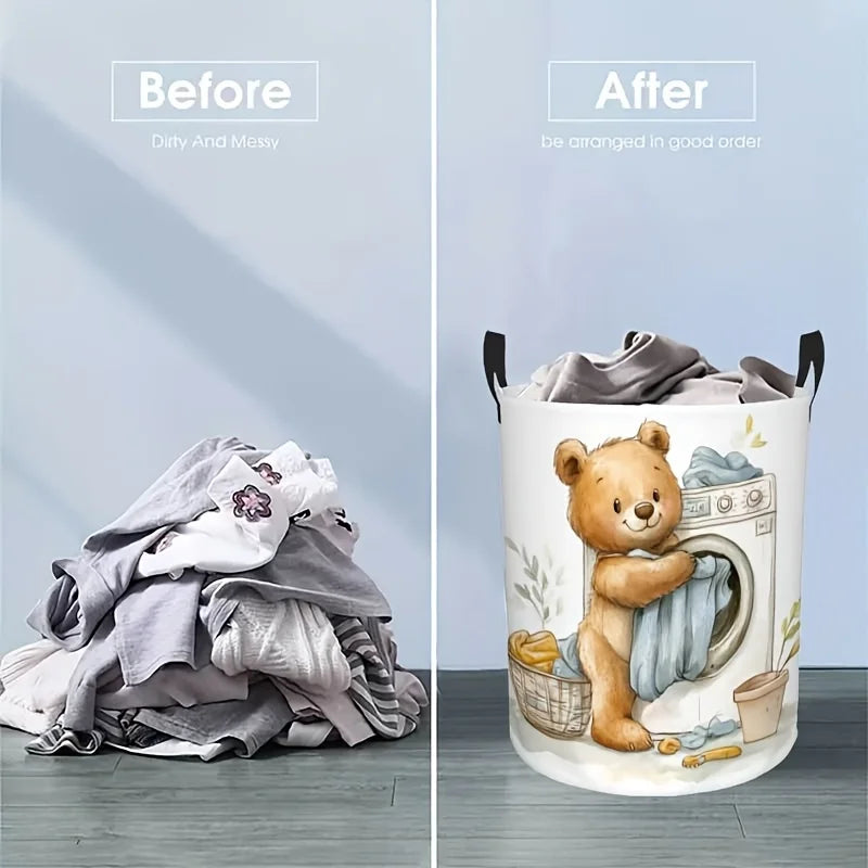 Whimsical Beige Bear Laundry Hamper Small or Medium with Handles