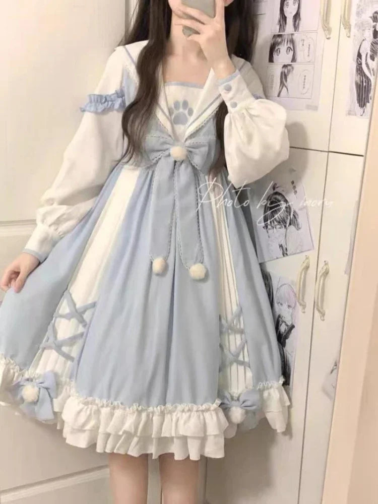 Oversize Blue Lolita Dress for Women Sailor Collar Bow Long Sleeve Dresses 2025 Spring New Long Sleeve Vestidos De Mujer