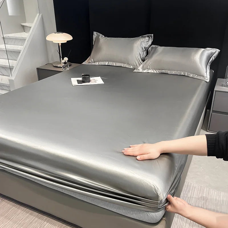 Satin Waterproof Fitted Sheet Silky Breathable Elastic Band Sheet