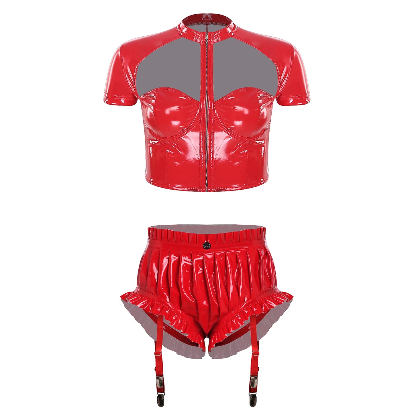 Unisex Wet Look PU Leather Rave Outfit Two Pieces