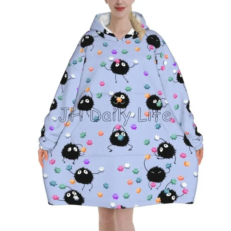 Blanket Hoodie Cute Soot Sprites Oversized Sweatshirts Blanket Warm Cozy Flannel Fleece Sherpa Blankets with Pockets