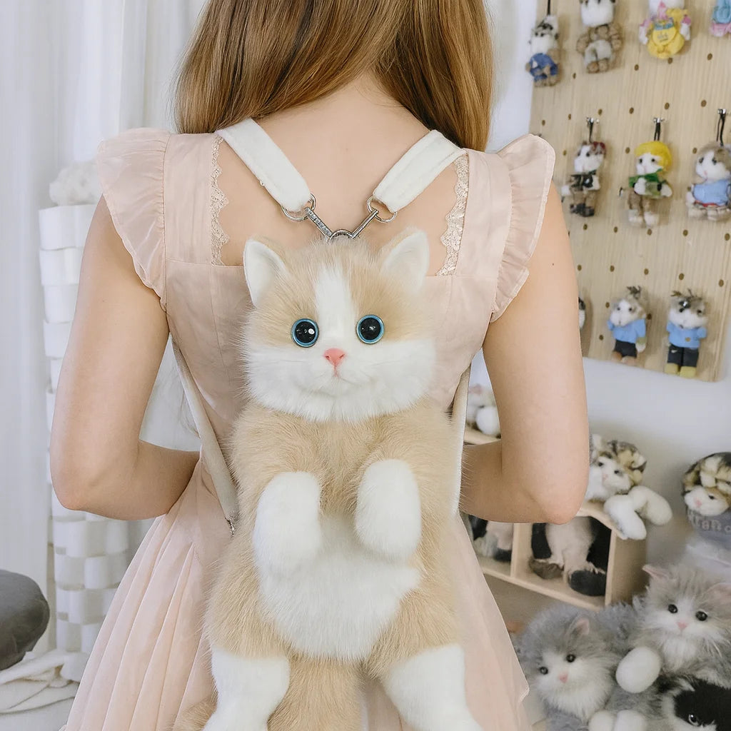 Girls Cute Cat Backpack, Kawaii Plush Bag, Soft Animal Crossbody Bag