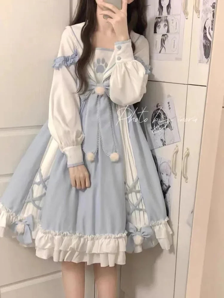 Oversize Blue Lolita Dress for Women Sailor Collar Bow Long Sleeve Dresses 2025 Spring New Long Sleeve Vestidos De Mujer