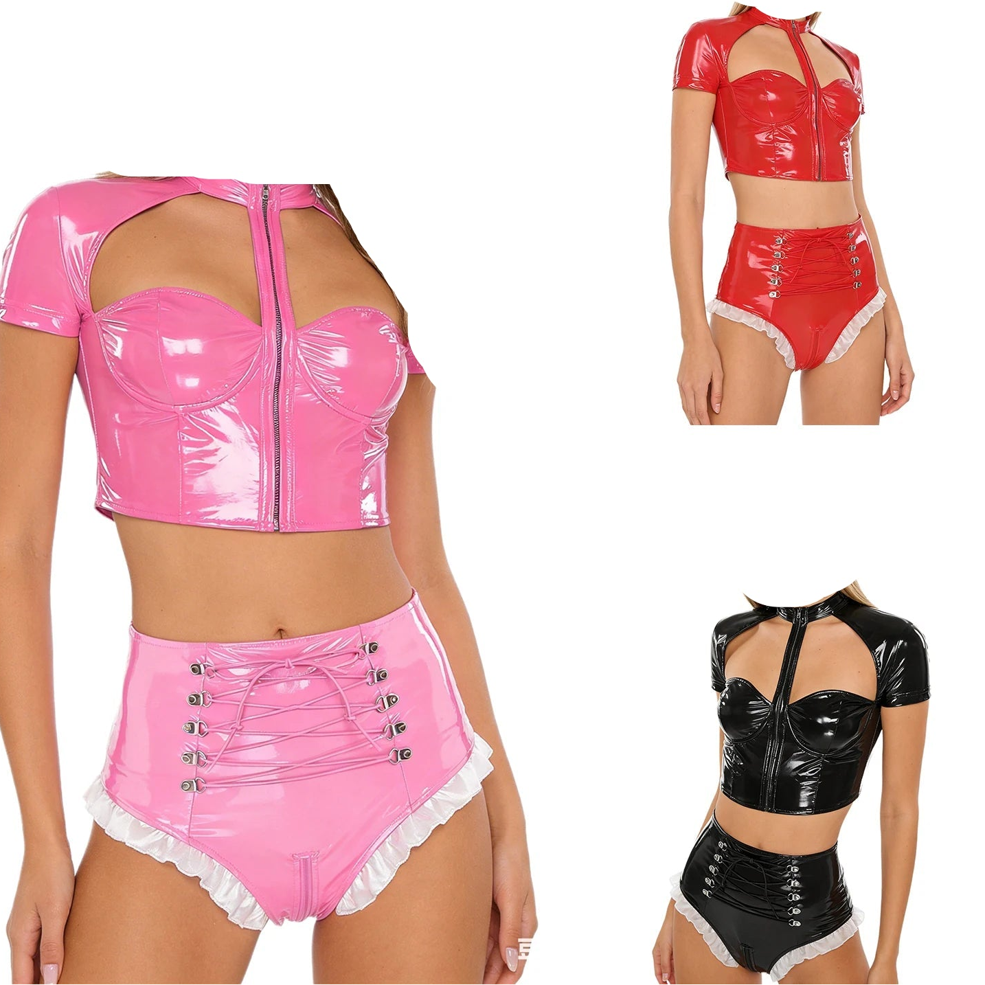 Model wearing a pink vinyl outfit with a zipper front, standing against a white background.